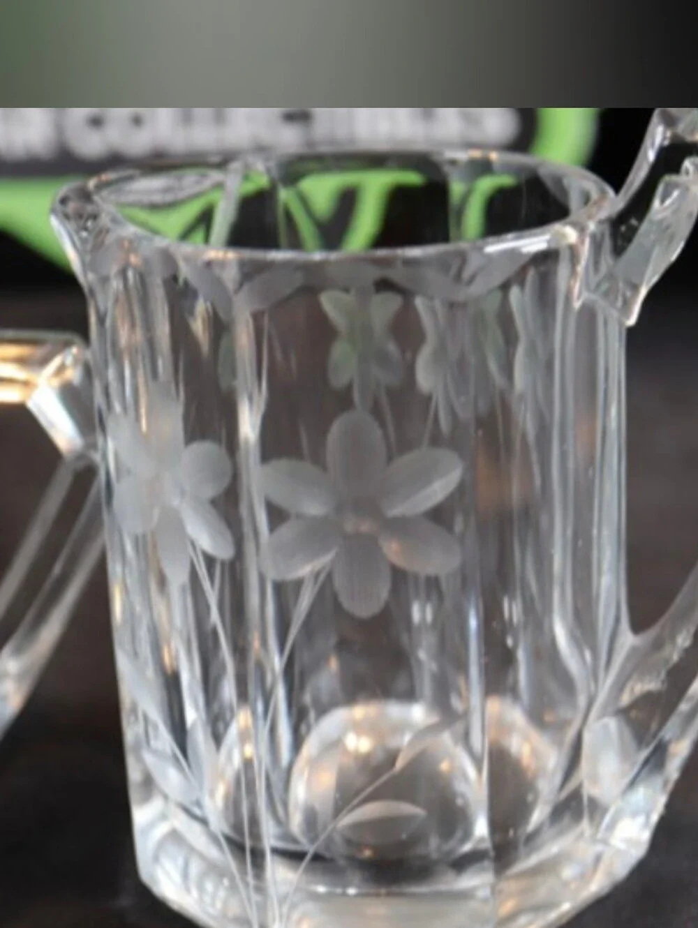 Vintage Heisey Quator Etched Floral Heavy Glass Creamer & Sugar Bowl Set